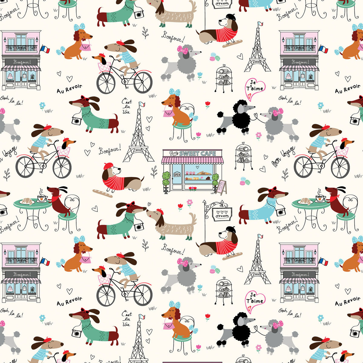 Parisian Pups 1473707B Paris Life Cream Kanvas Benartex Half Yard