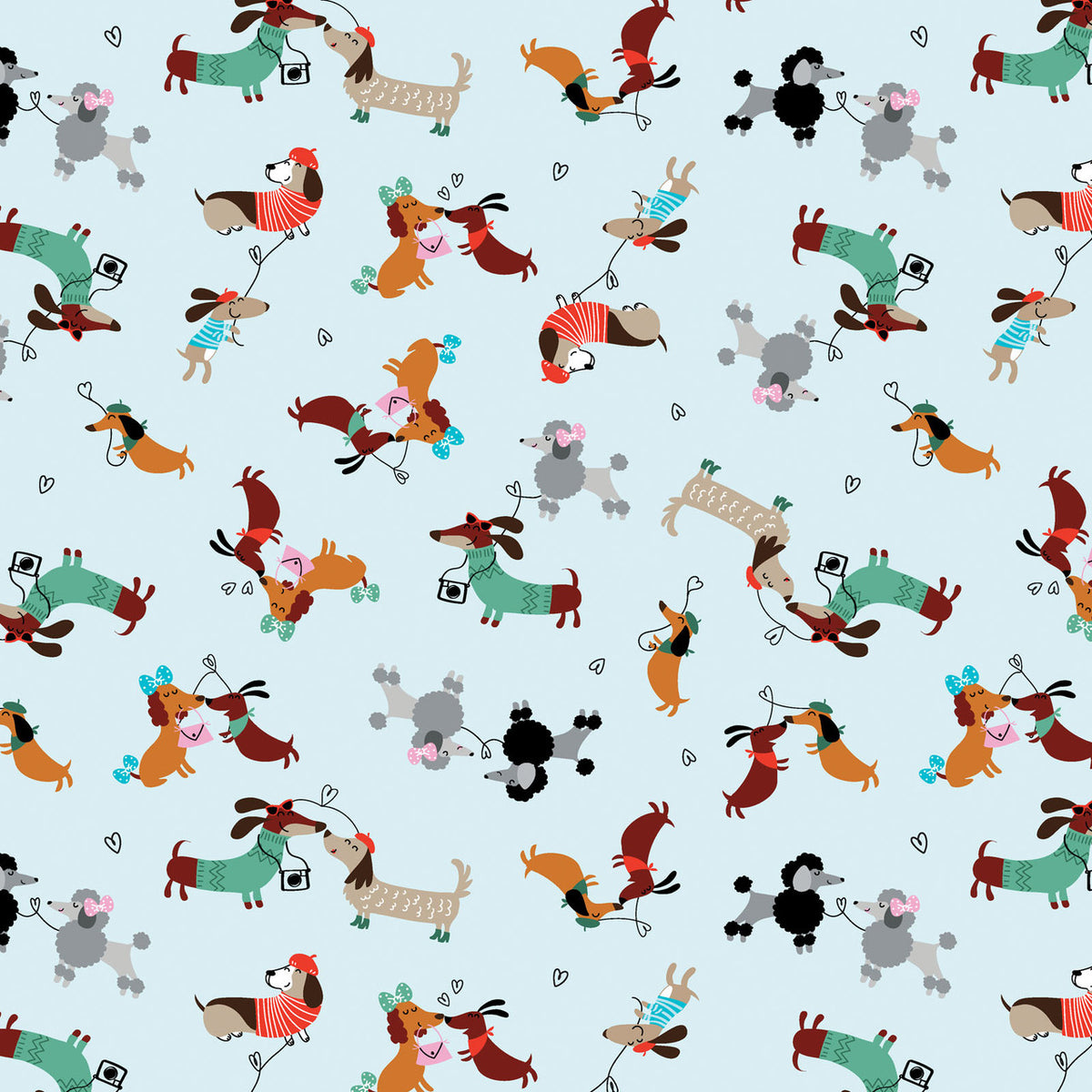 Parisian Pups 1473805B Puppy Love Light Blue Kanvas Benartex Half Yard