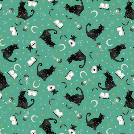 Witchy Wicked Black Cats Crystal Balls Potion Books Rose Halsey Blank Quilting BQ4860-70 Half Yard