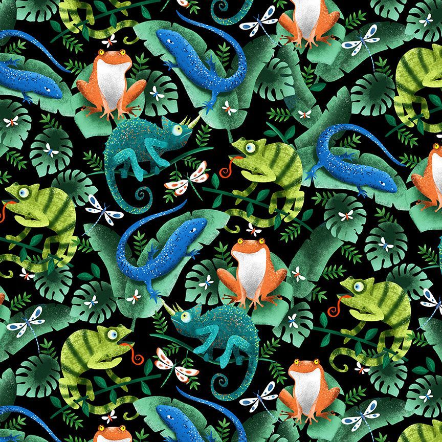 Pint-Sized Pets BUG-CD3335 FOREST Geckos, Frogs & Lizards Alice & Tilly Timeless Treasures Half Yard