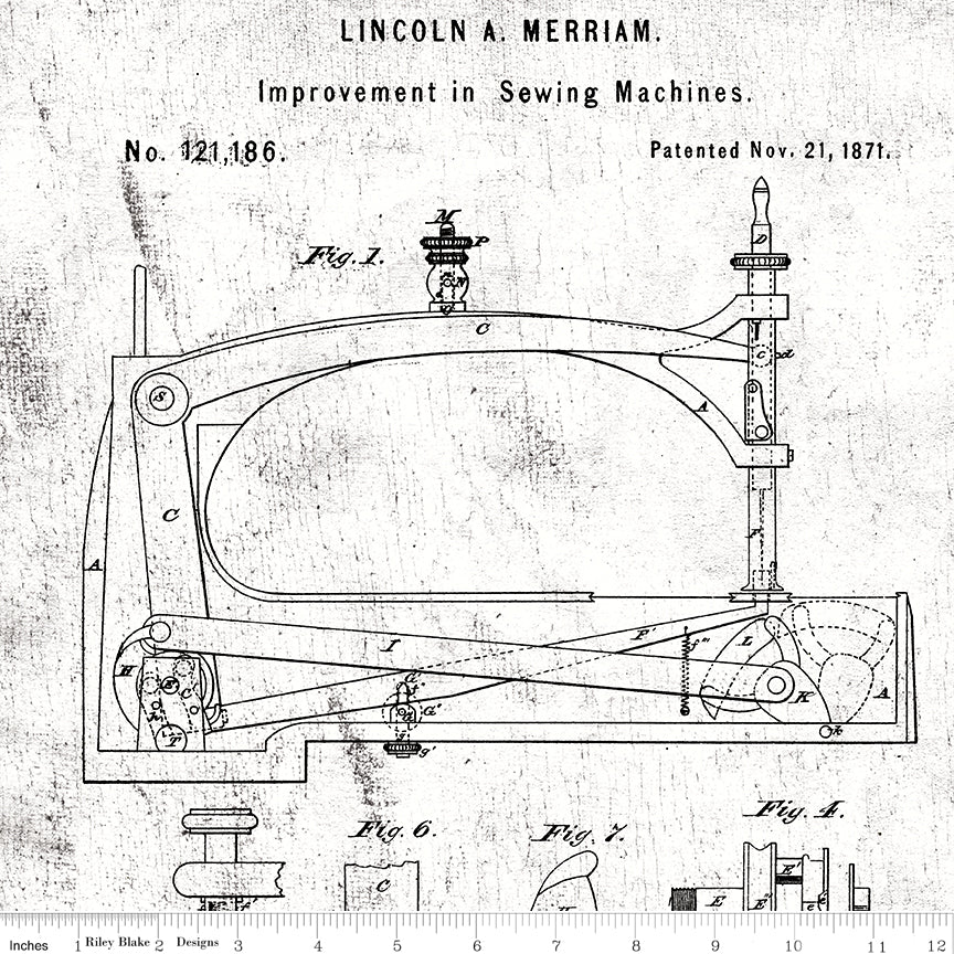 Sew Journal Sewing Machine Patent White C13877-WHITE J. Wecker Frisch Riley Blake Half Yard