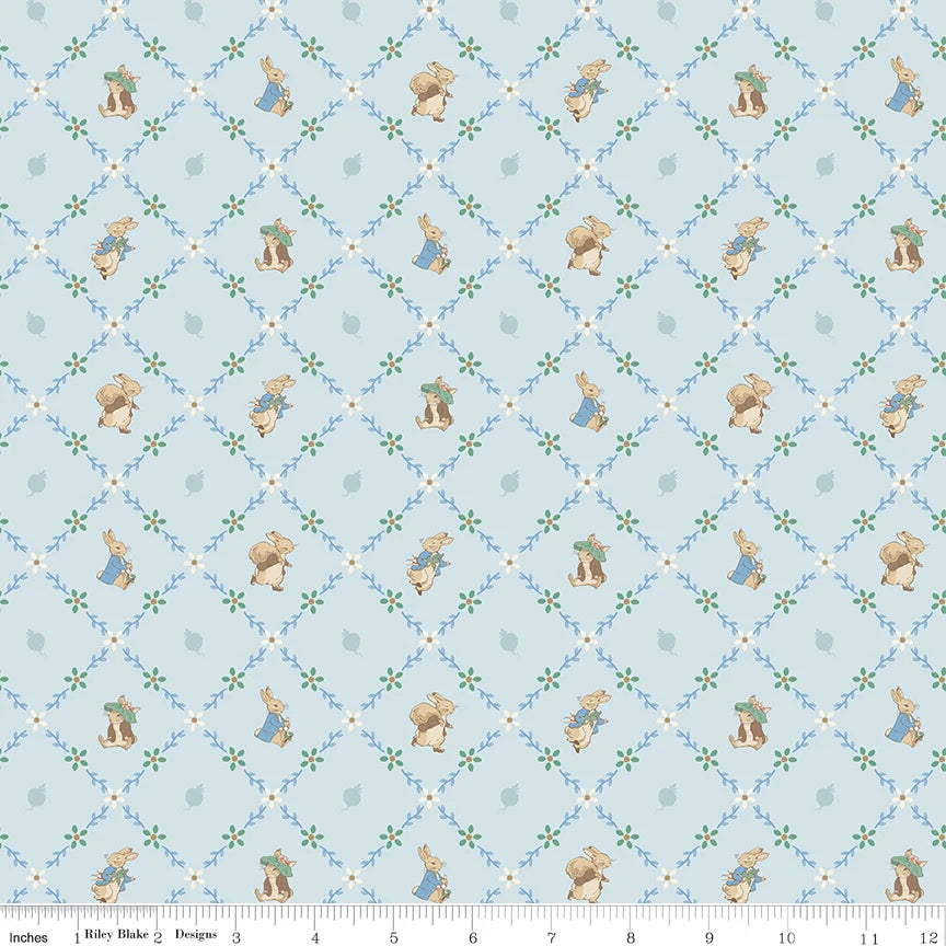 Peter Rabbit & Benjamin Bunny Lattice Light Blue C17254-BLUE Beatrix Potter Riley Blake Half Yard