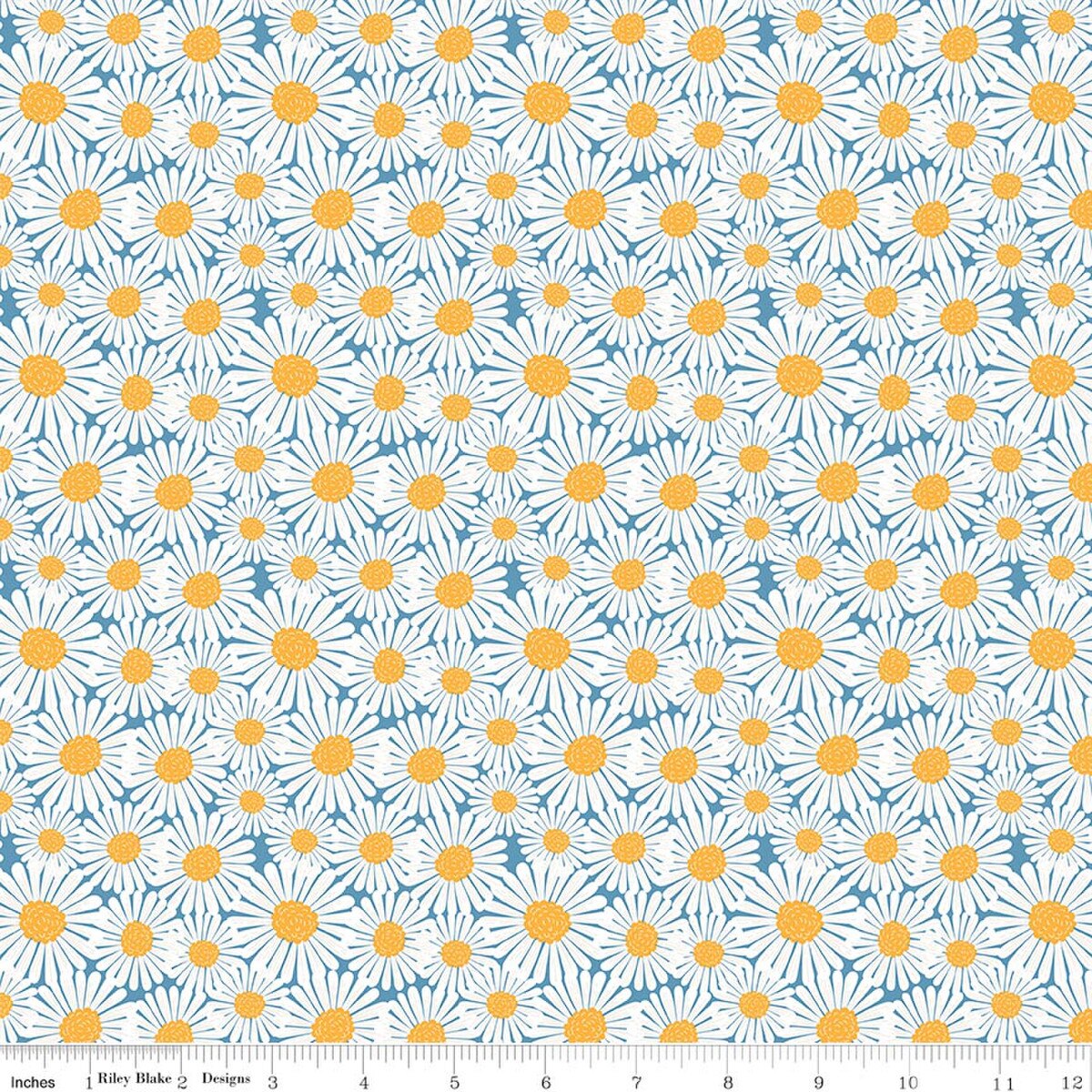 Sunshine & Dandelions C17923­-BLUE Daisies Blue Traci Reed Riley Blake Half Yard