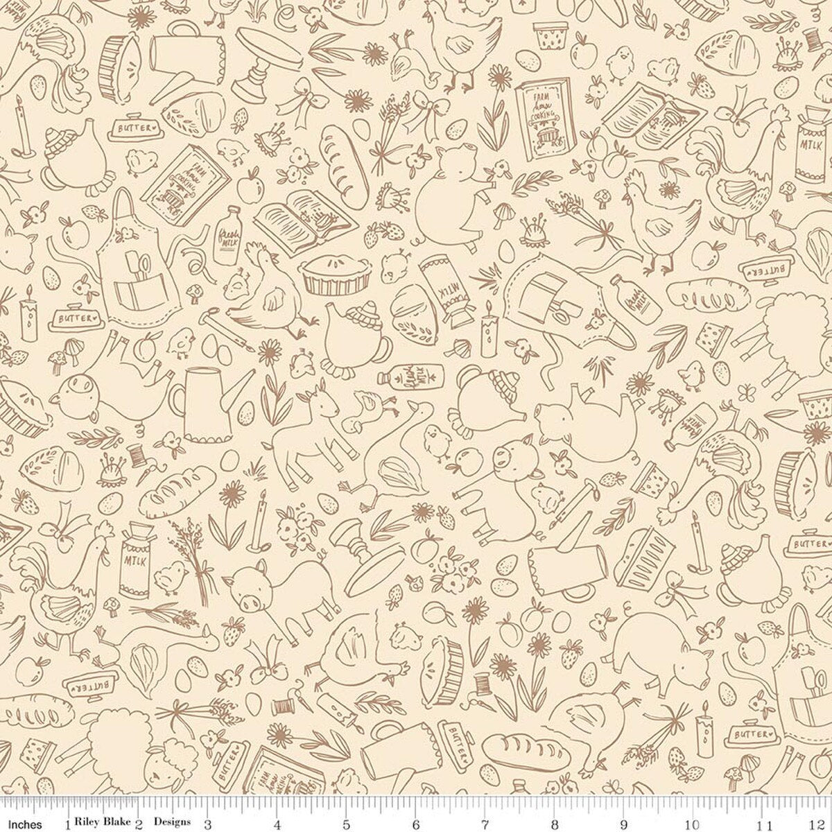 Lil' Farm Friends C17942­-CREAM Farm Outlines Kelsey Carlson Riley Blake Half Yard