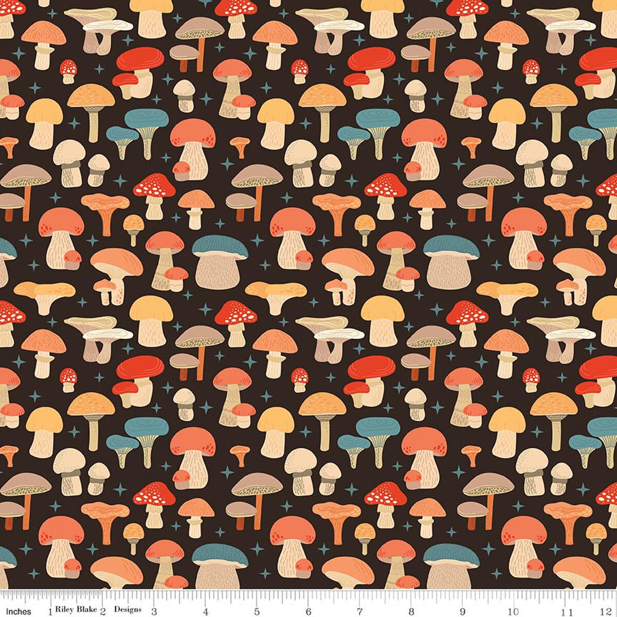 Secret Garden C18041­-BLACK Mushrooms Riley Blake Half Yard