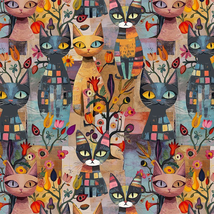 Feline Folk CAT-CD4483 BRIGHT Packed Cat & Floral Timeless Treasures Half Yard