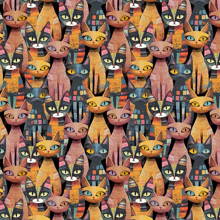 Feline Folk CAT-CD4484 MULTI Packed Cats Timeless Treasures Half Yard