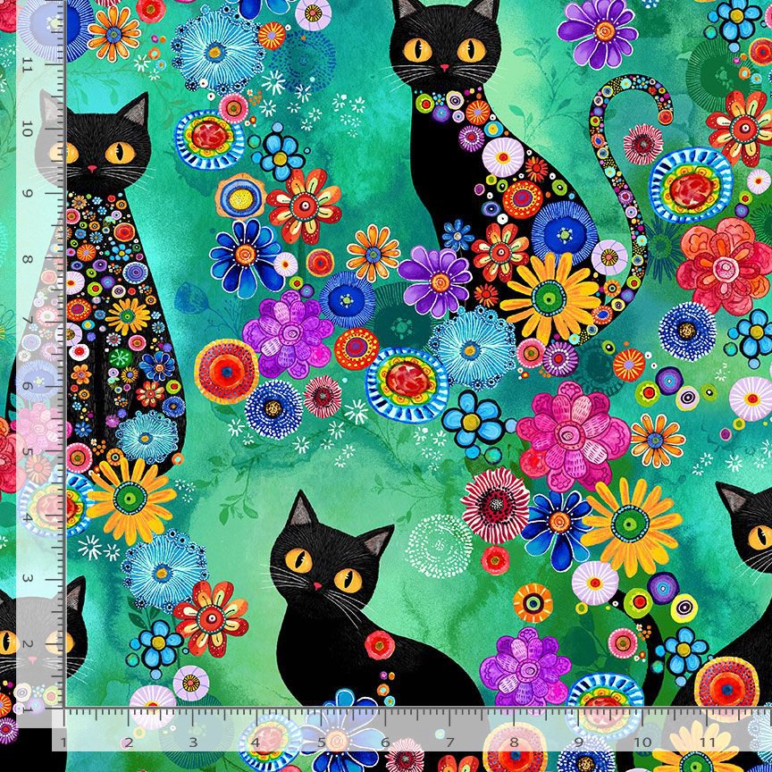 Purrsonality CAT-CD4601 MULTI Cats & Multi Floral Chong-a Hwang Timeless Treasures Half Yard