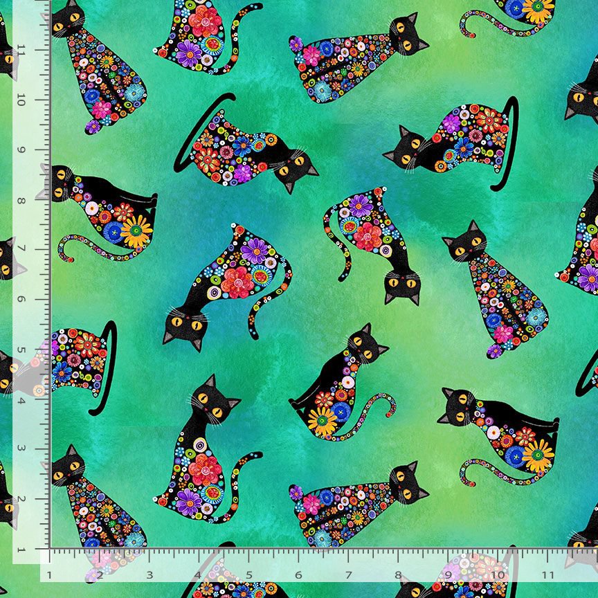 Purrsonality CAT-CD4602 GREEN Spaced Floral Cats Chong-a Hwang Timeless Treasures Half Yard