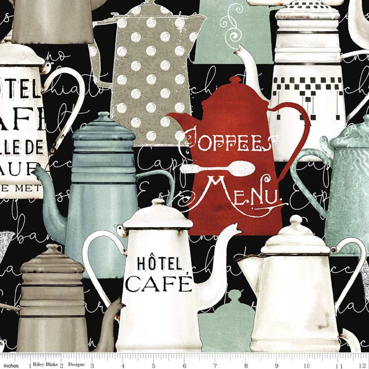 Coffee Chalk Pots Black CD11033-BLACK J. Wecker Frisch Riley Blake Half Yard