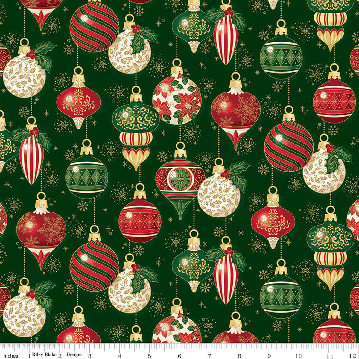 Poinsettias at Christmas Ornaments Green Foil CF17631-GREEN Riley Blake Half Yard