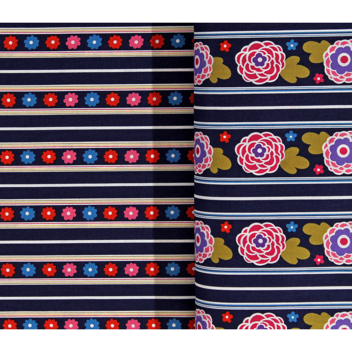4 yard cut Cotton Penelope Stephanie Dawn Flowers Floral Stripes Navy Blue Cotton Fabric Print (4393R-5G)