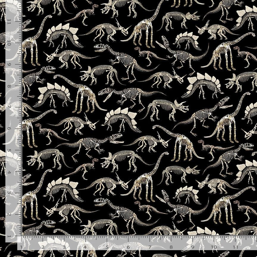 Dino-Mite DINO-CD3944 BLACK Dinosaurs Skeleton Timeless Treasures Half Yard