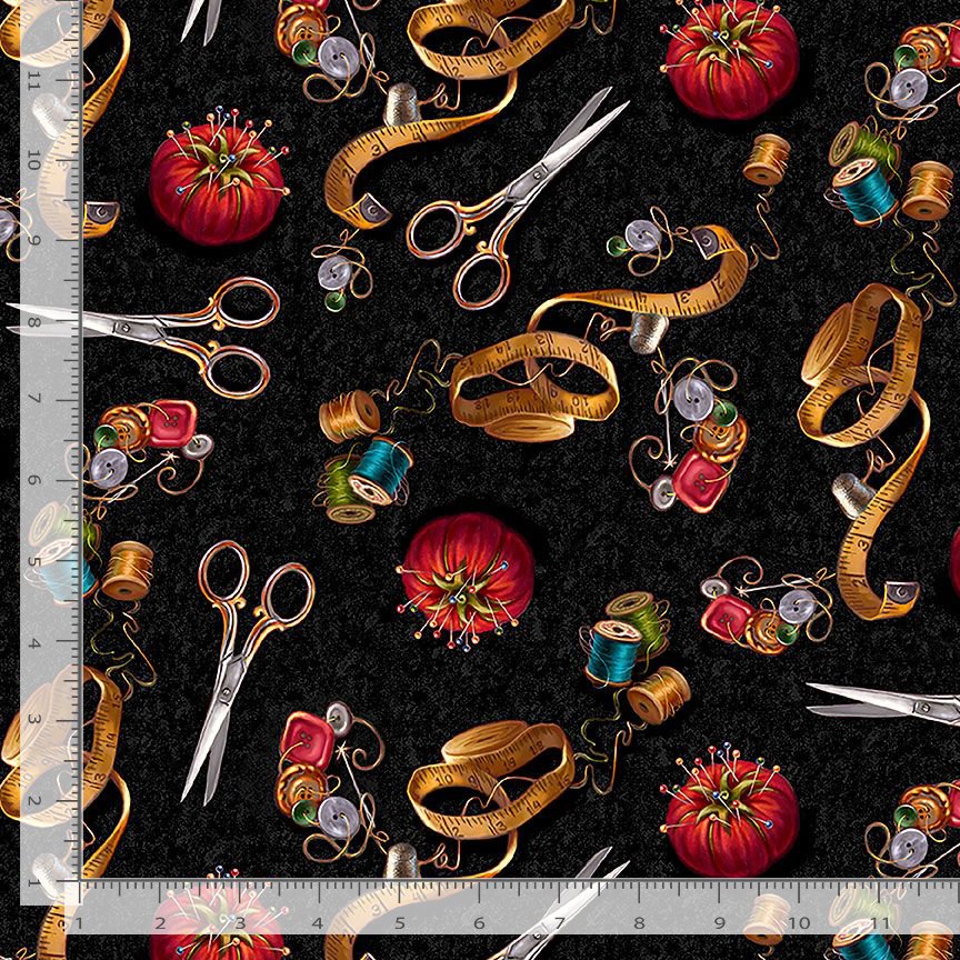 Blood Sweat & Shears Sewing Tools by Dona Gelsinger for Timeless Treasures DONA-CD3352 BLACK by the Half Yard
