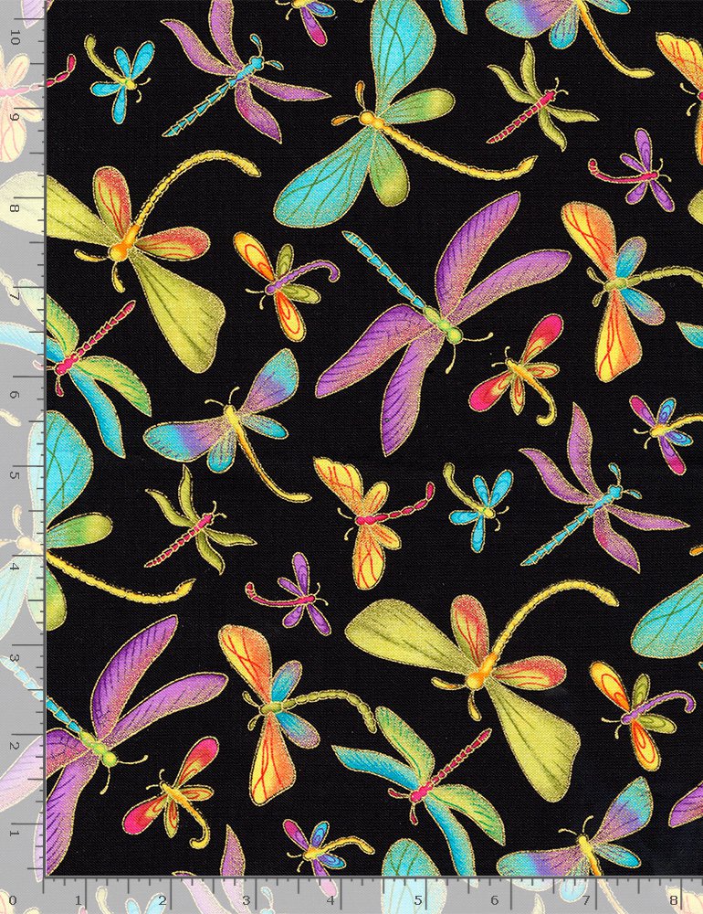 Pint-Sized Pets DRAGONFLY-M1 BLACK Metallic Dragonfly Alice & Tilly Timeless Treasures Half Yard