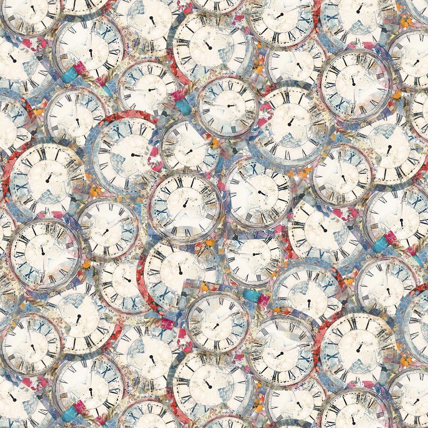 Looking Glass ERA-CD4503 MULTI Packed Vintage Clocks Timeless Treasures Half Yard