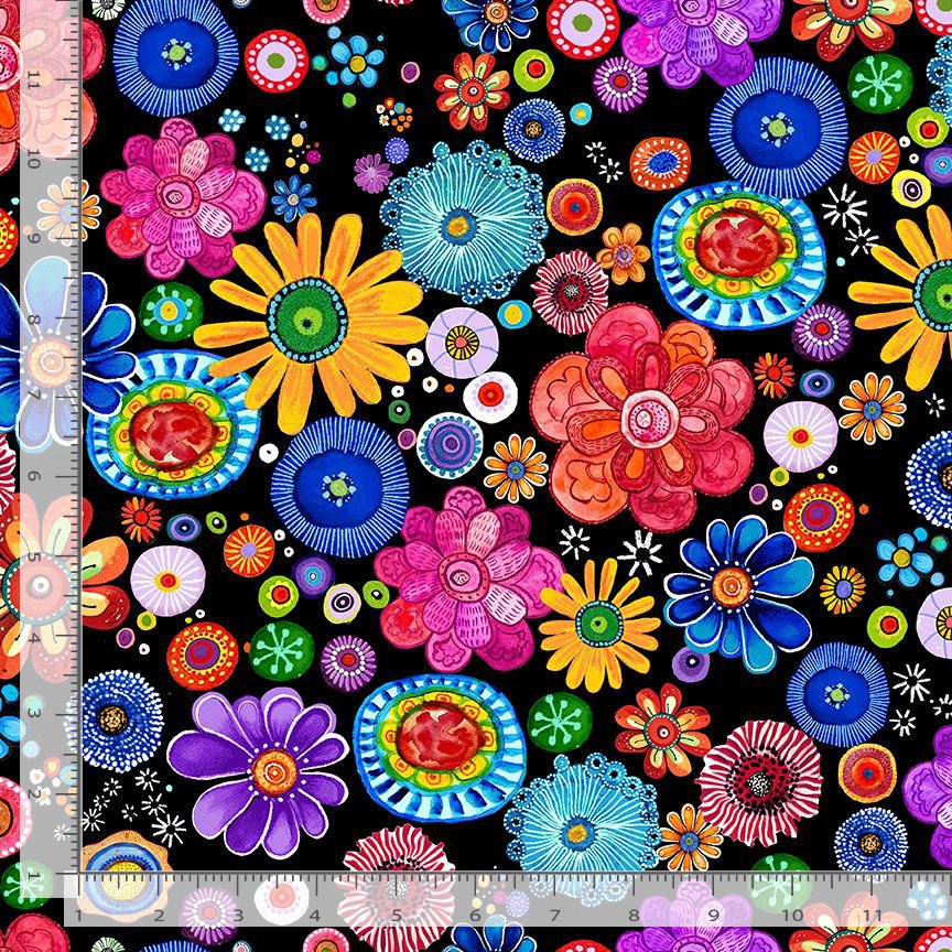 Purrsonality FLEUR-CD4607 BLACK Bright Floral Chong-a Hwang Timeless Treasures Half Yard