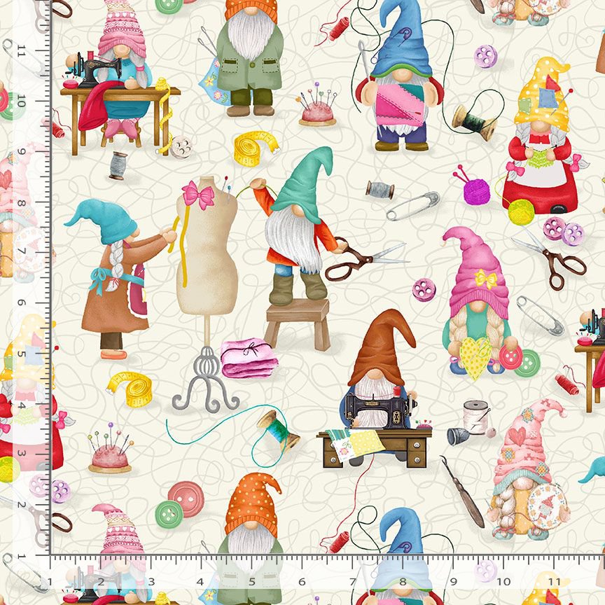 Thread & Thimble Sewing Gnomes by Timeless Treasures FUN-CD2484 CREAM by the Half Yard