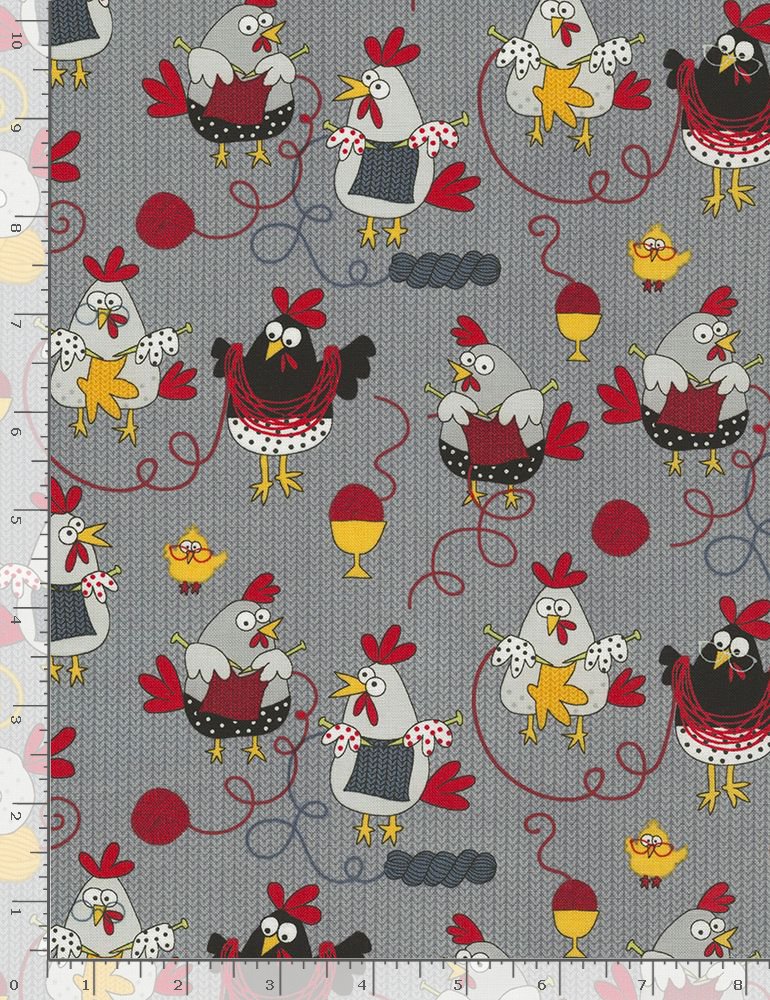 I Heart Knitting GAIL-C5605 GREY Knitting Chickens Gail Cadden Timeless Treasures Half Yard