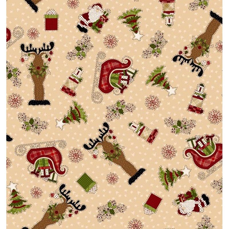 GLAD TIDINGS  REINDEER PULLING THE SLEIGH  CREAM HENRY GLASS FABRICS GLA8761/44 HALF YARD