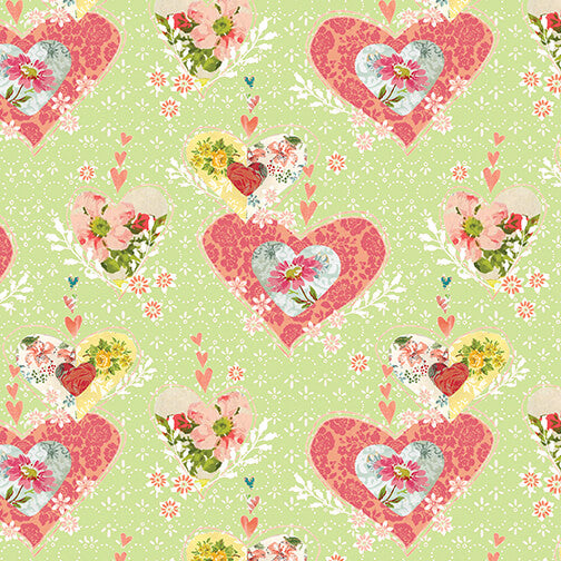 HEARTS LIGHT GREEN  KELLY RAE ROBERTS BENARTEX 1299840B HALF YARD