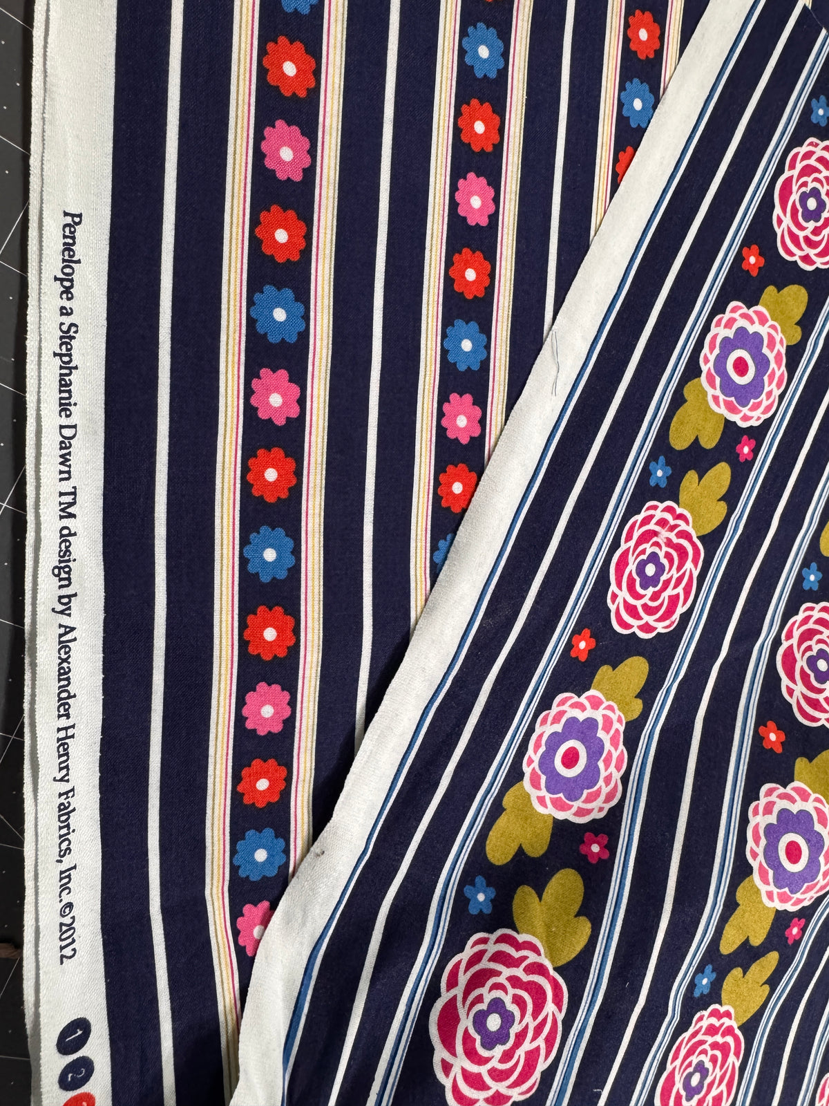 4 yard cut Cotton Penelope Stephanie Dawn Flowers Floral Stripes Navy Blue Cotton Fabric Print (4393R-5G)