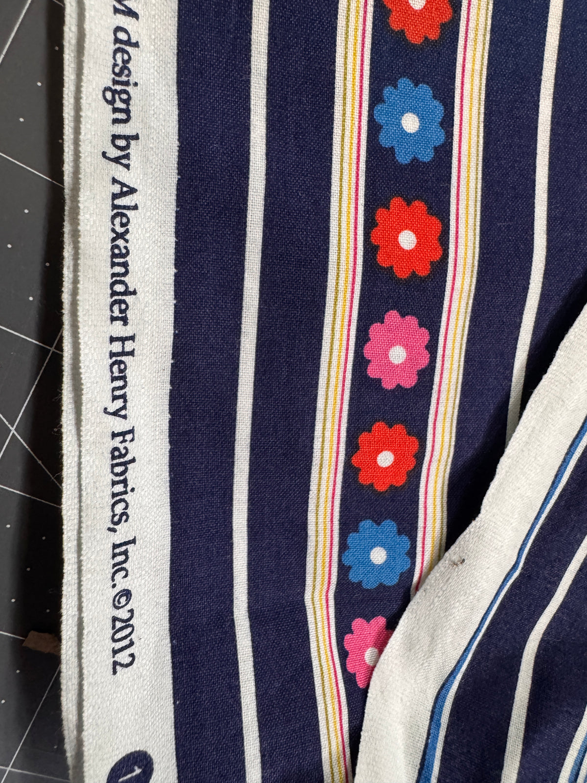 4 yard cut Cotton Penelope Stephanie Dawn Flowers Floral Stripes Navy Blue Cotton Fabric Print (4393R-5G)