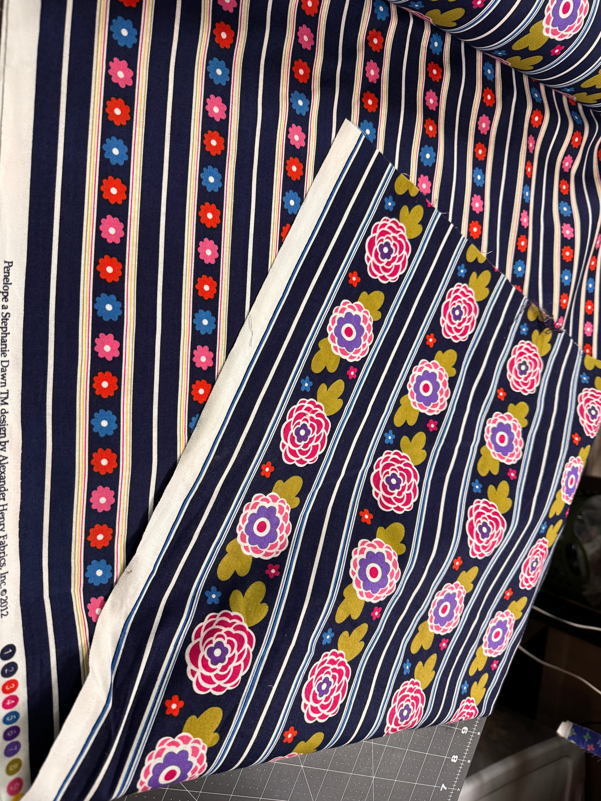 4 yard cut Cotton Penelope Stephanie Dawn Flowers Floral Stripes Navy Blue Cotton Fabric Print (4393R-5G)
