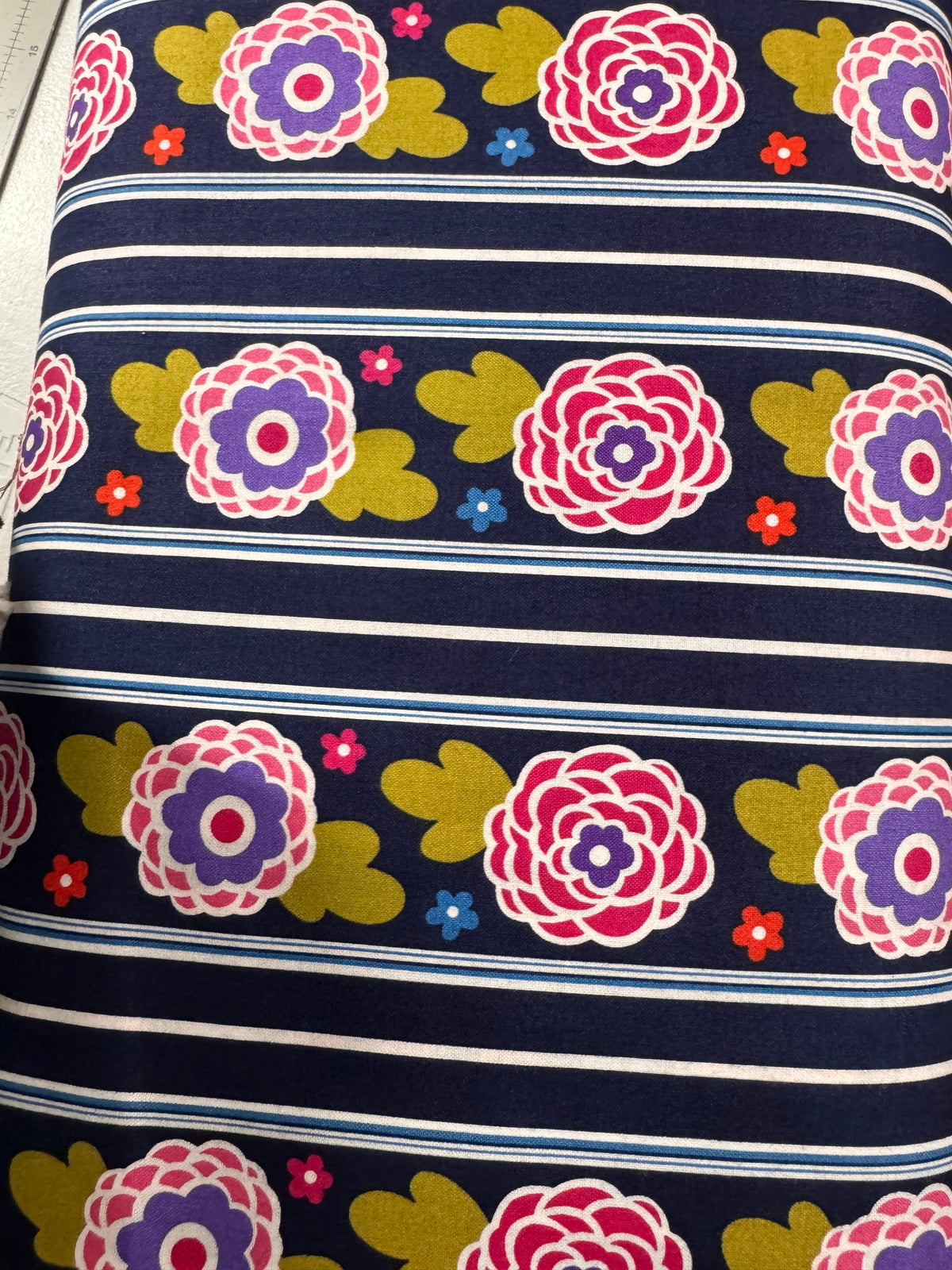 4 yard cut Cotton Penelope Stephanie Dawn Flowers Floral Stripes Navy Blue Cotton Fabric Print (4393R-5G)