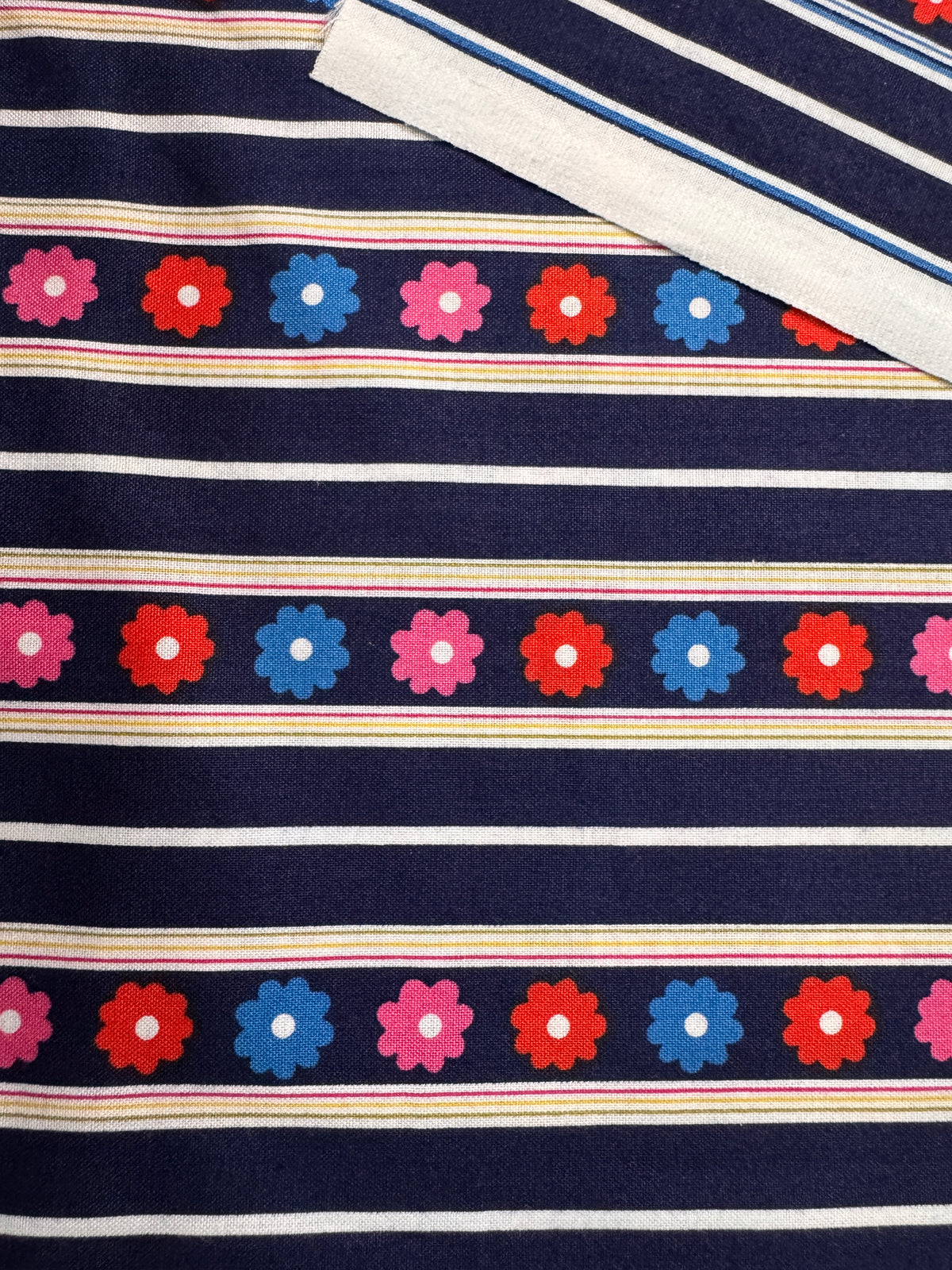 4 yard cut Cotton Penelope Stephanie Dawn Flowers Floral Stripes Navy Blue Cotton Fabric Print (4393R-5G)