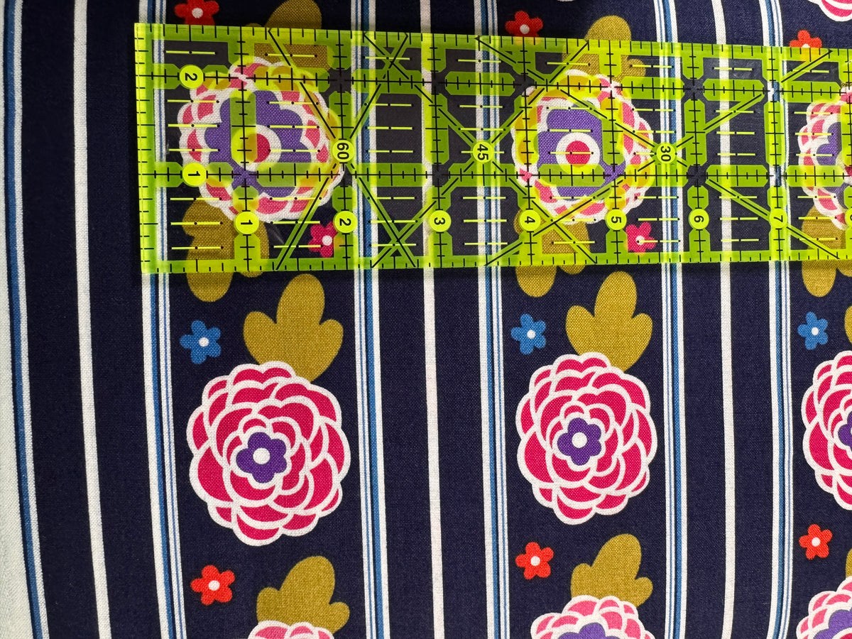 4 yard cut Cotton Penelope Stephanie Dawn Flowers Floral Stripes Navy Blue Cotton Fabric Print (4393R-5G)