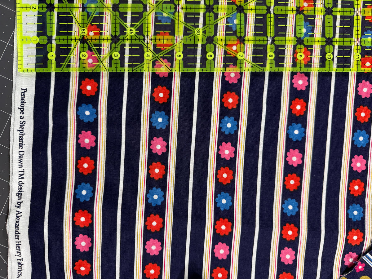 4 yard cut Cotton Penelope Stephanie Dawn Flowers Floral Stripes Navy Blue Cotton Fabric Print (4393R-5G)
