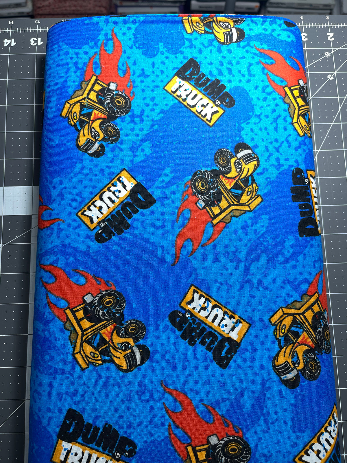 Flaming Dump Trucks 100% Cotton Fabric 15 Yard Bolt