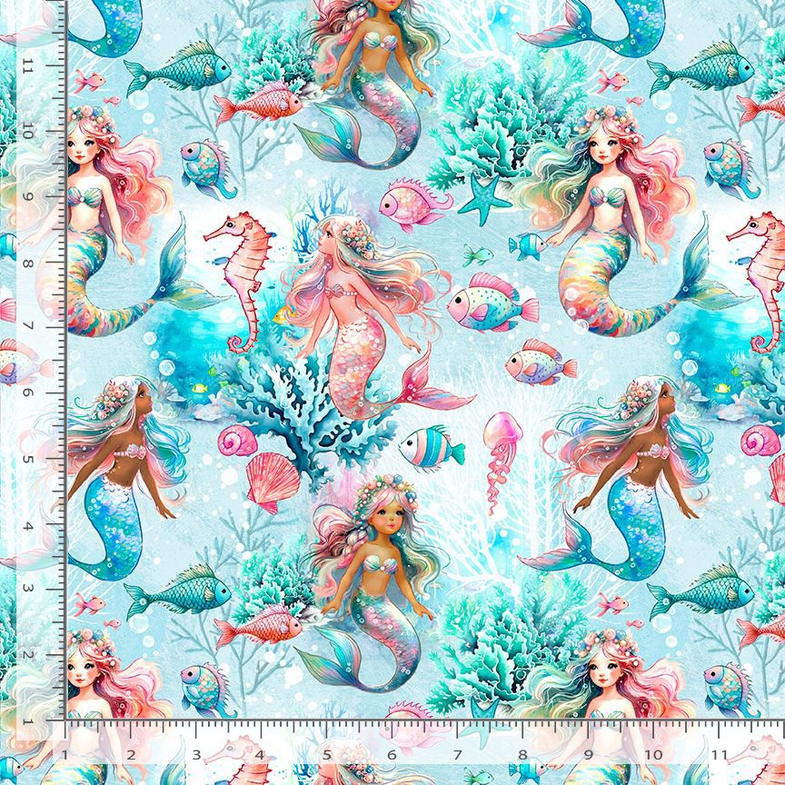 Seas the Day KIDZ-CD3547 BLUE Underwater Mermaids Timeless Treasures Half Yard