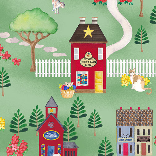 KITTY CITY SCENIC GREEN ANDI METZ BENARTEX 1246540B HALF YARD