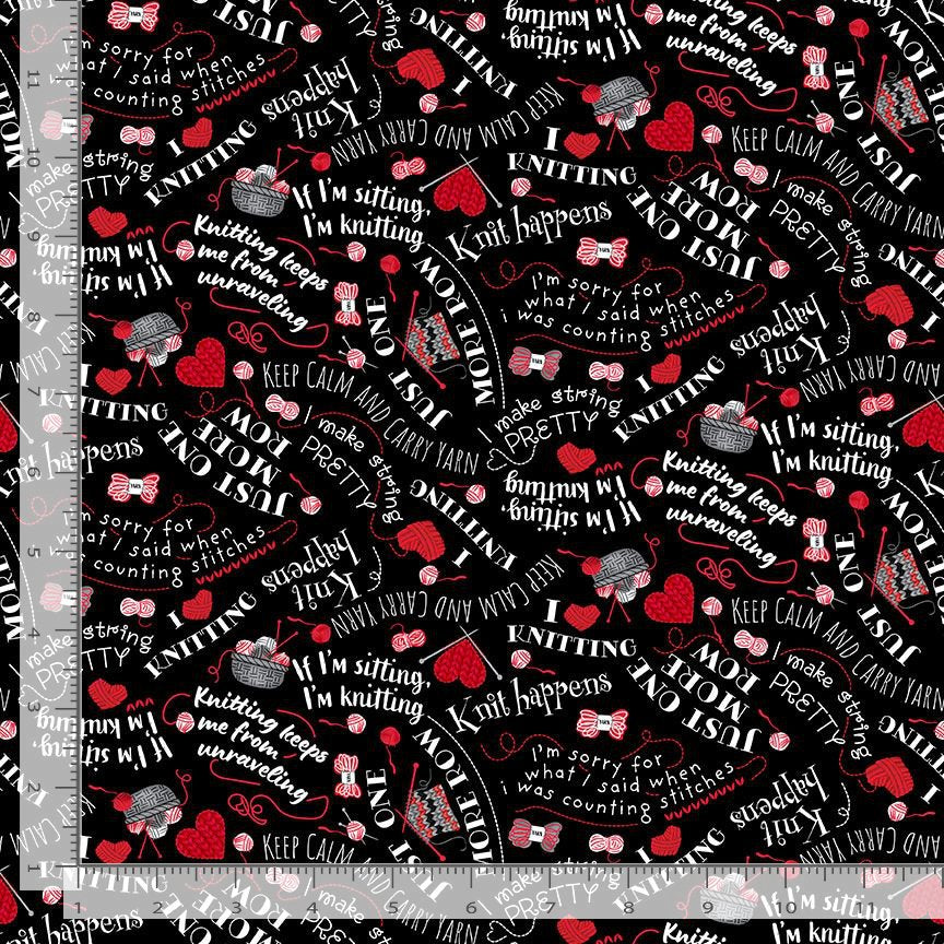 I Heart Knitting KNIT-CD4674 BLACK Knitting & Text Timeless Treasures Half Yard