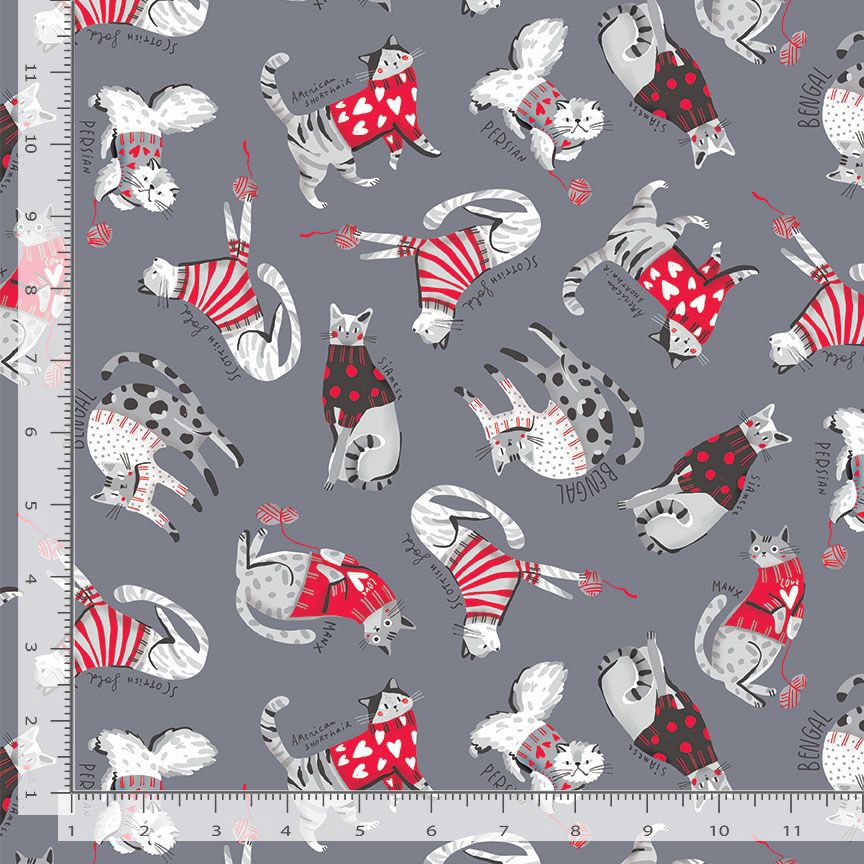 I Heart Knitting KNIT-CD4676 GREY Knitting Cats Timeless Treasures Half Yard