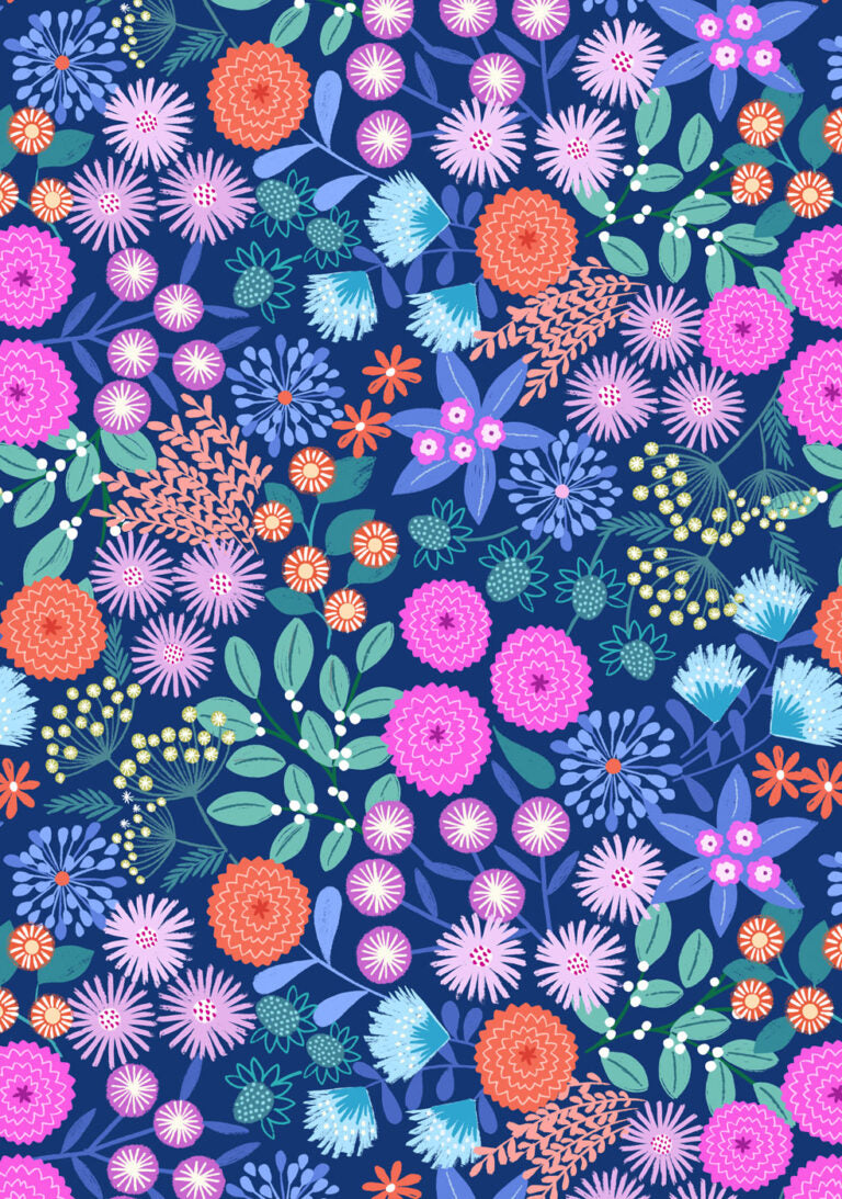 Creative Landscapes Floral On Dark Blue L23D Lewis & Irene Half Yard
