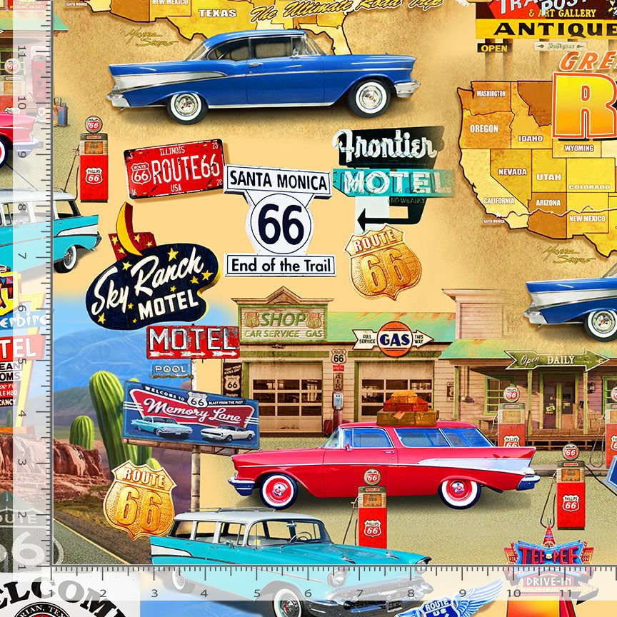 Born to Ride MICHAEL-CD3058 MULTI Route 66 Collage Michael Searle Timeless Treasures Half Yard