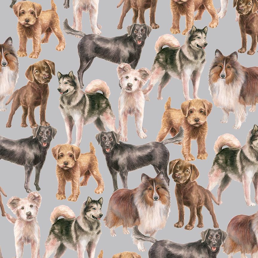 Top Dogs MICHAEL-CD4467 GREY Tossed Realistic Dogs Michael Searle Timeless Treasures Half Yard