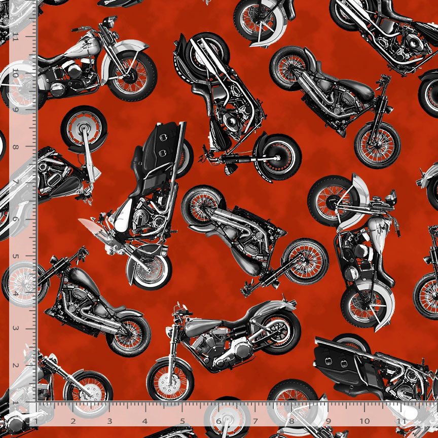 Born to Ride MICHAEL-CD4649 RED Tossed Motorcycle Michael Searle Timeless Treasures Half Yard
