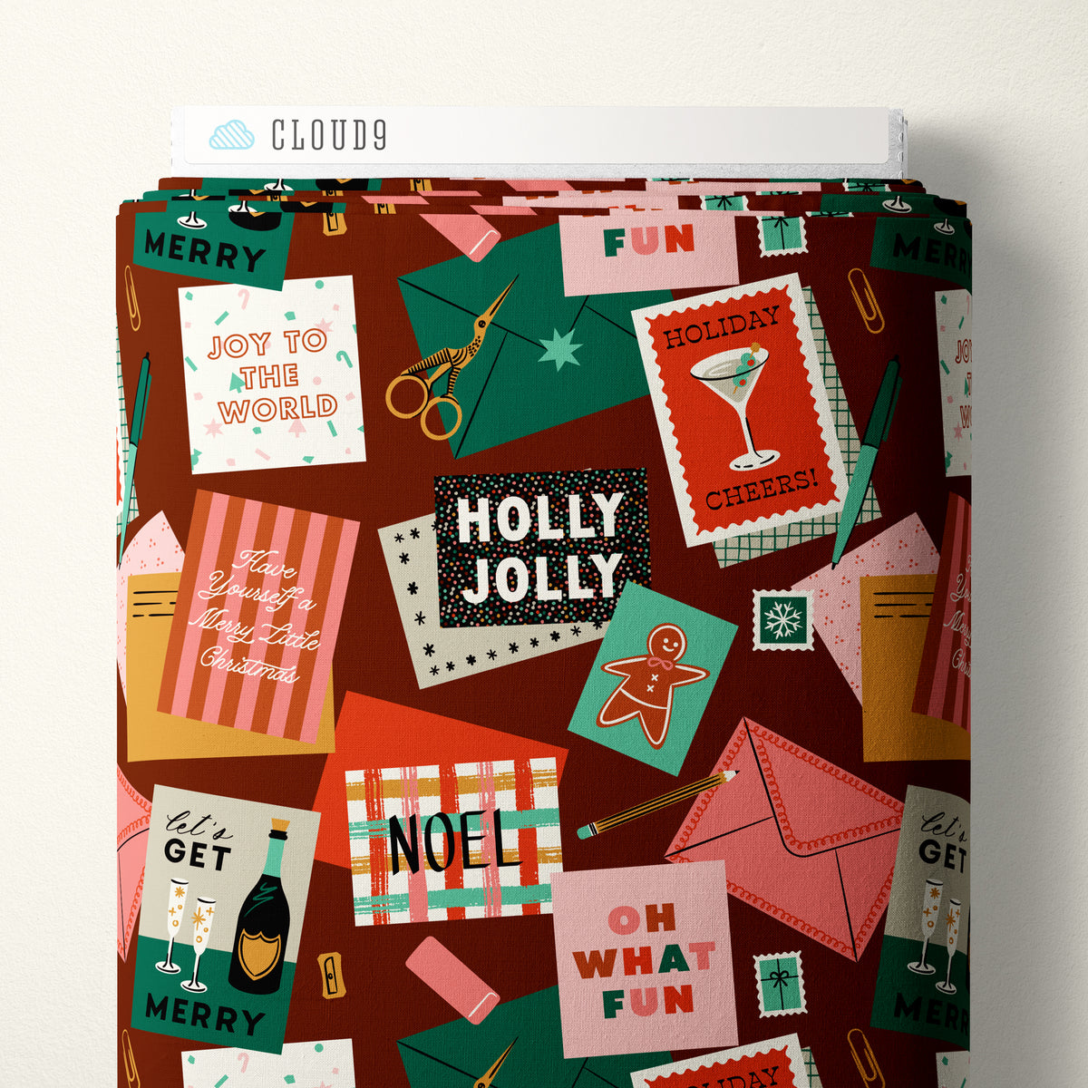 Merry & Mod 229149 Merry Messages Burgundy Shelby Warwood Cloud9 Half Yard