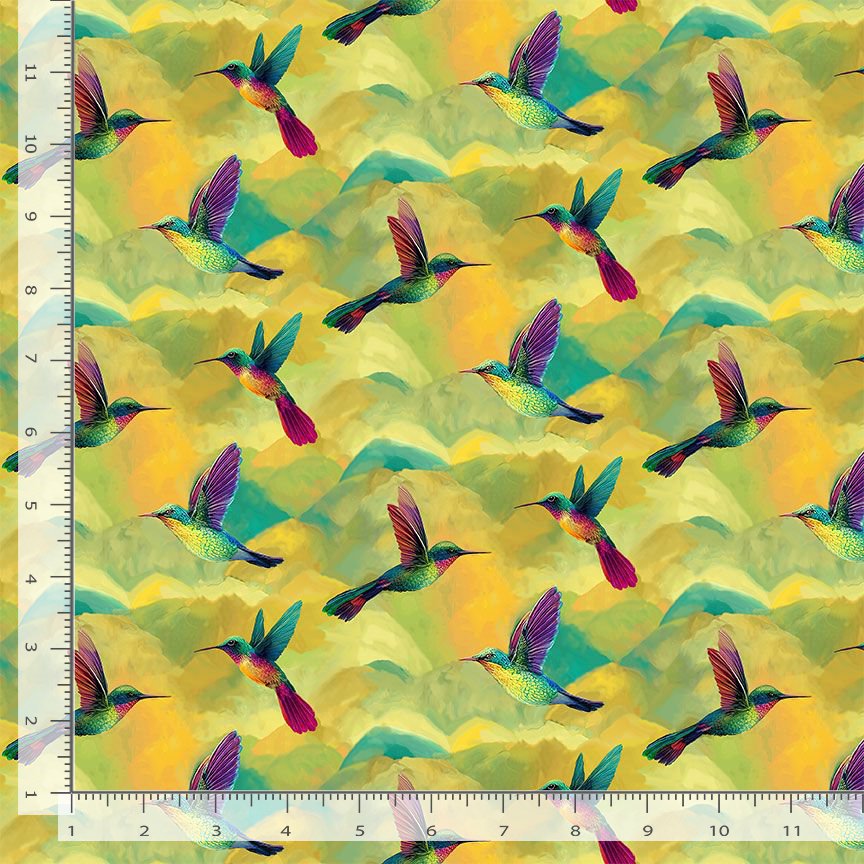 Vibrant Sky NATURE-CD4704 YELLOW Hummingbirds Timeless Treasures Half Yard