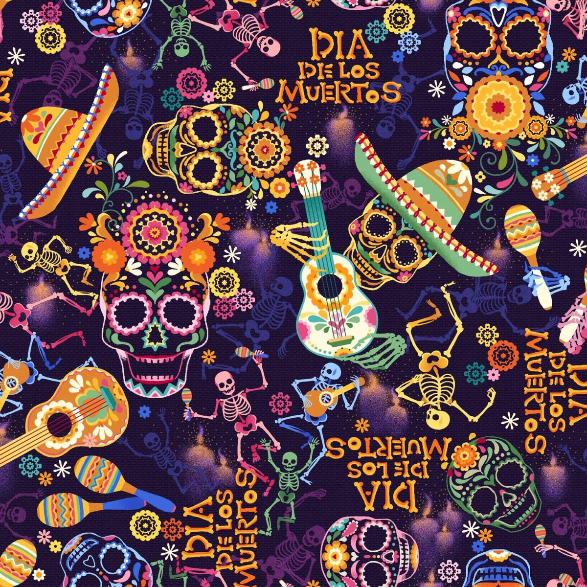 Day of the Dead Skulls & Guitars Purple #598631 Oasis Fabric