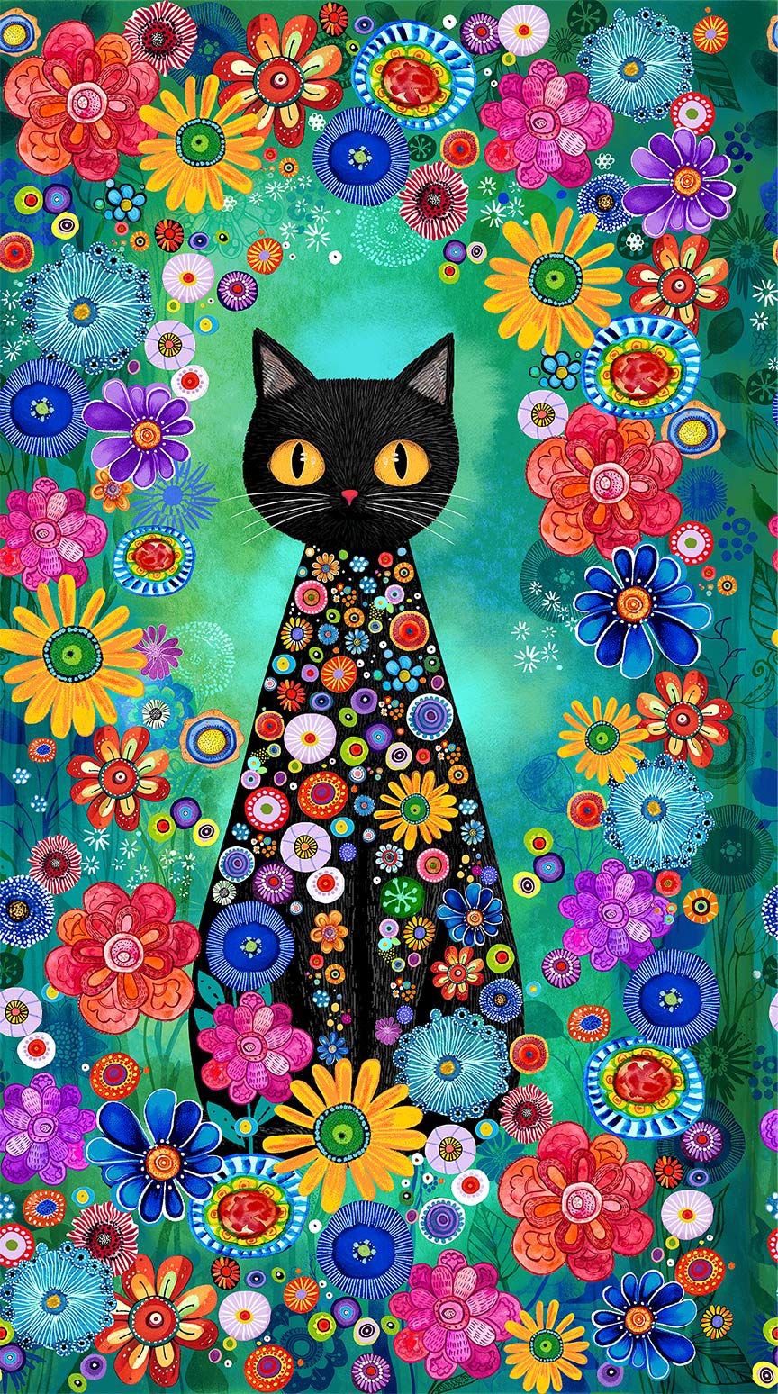 Purrsonality PANEL-CD4600 GREEN 24" Cat Panel Chong-a Hwang Timeless Treasures Half Yard
