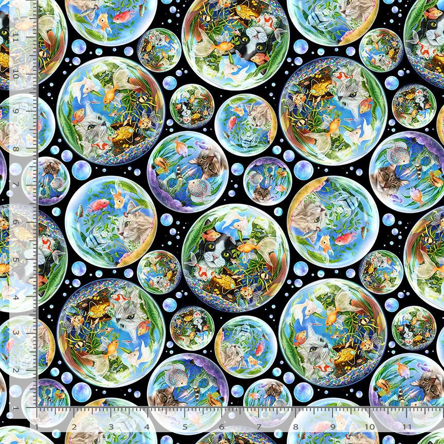 Feline Fanatic Cats in Fish Bowls by Rosie Dore for Timeless Treasures ROSIE-CD4150 BLACK by the Half Yard