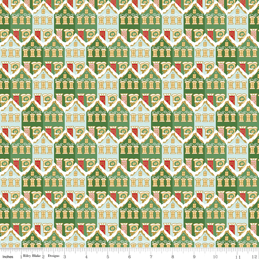 Claus & Co. Christmas Houses Green Sparkle Riley Blake SC17742-GREEN Half Yard