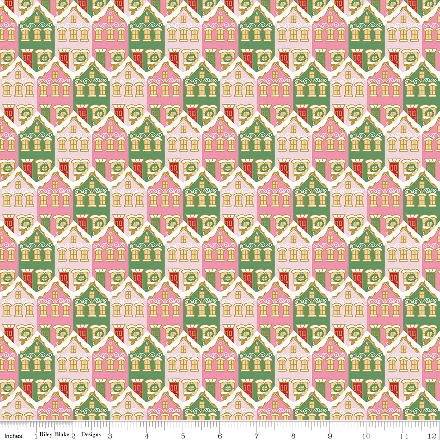 Claus & Co. Christmas Houses Pink Sparkle Riley Blake SC17742-PINK Half Yard