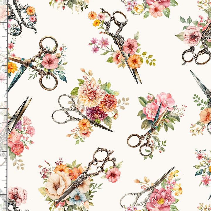 Happy Place Tossed Floral Scissors SEW-CD3875 CREAM Half Yard