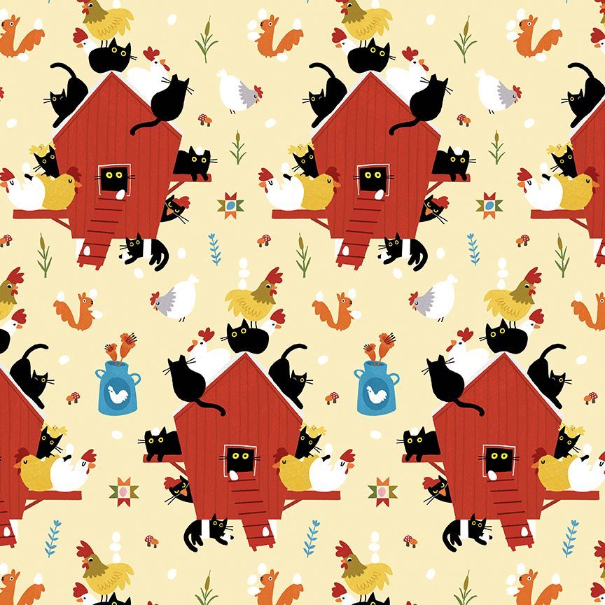 Bok Bok Meow STELLA-DLW3698 LEMON Cats in the Coop Leezaworks Dear Stella Half Yard